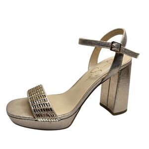 Jessica Simpson Gold Champagne Neutral Rhinestone Platform Block Heel Sandals 8.